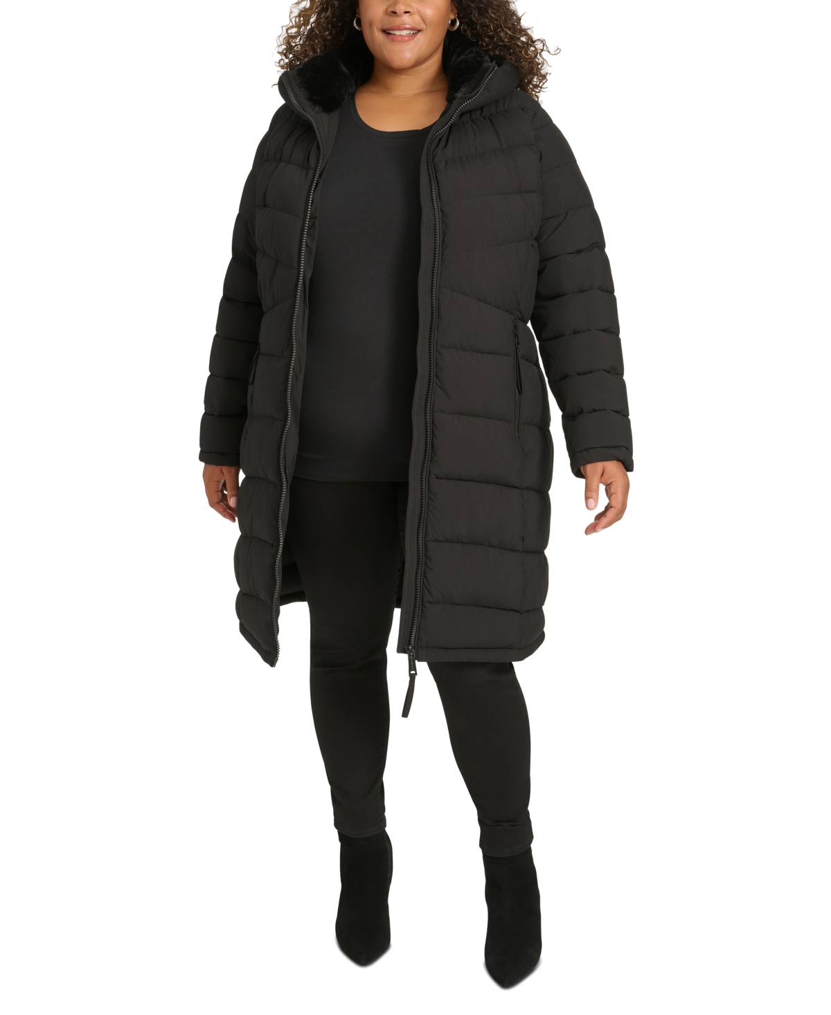 Shop Calvin Klein Plus Size Hooded Zip-front Puffer Coat In Black