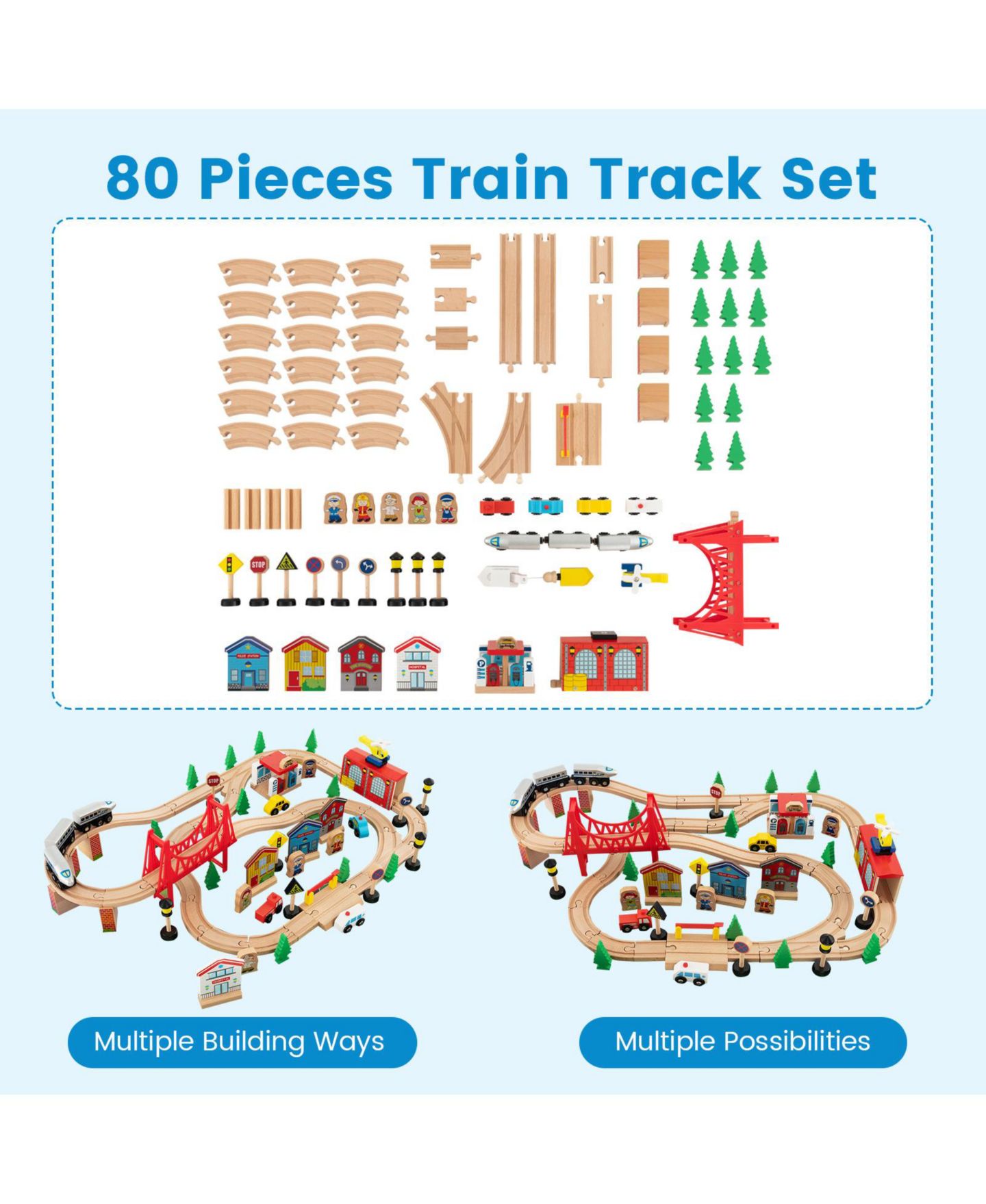 Детские игрушки GIVIMO 80-Piece Wooden Train Set and Table, цвет: Синий — фото 3