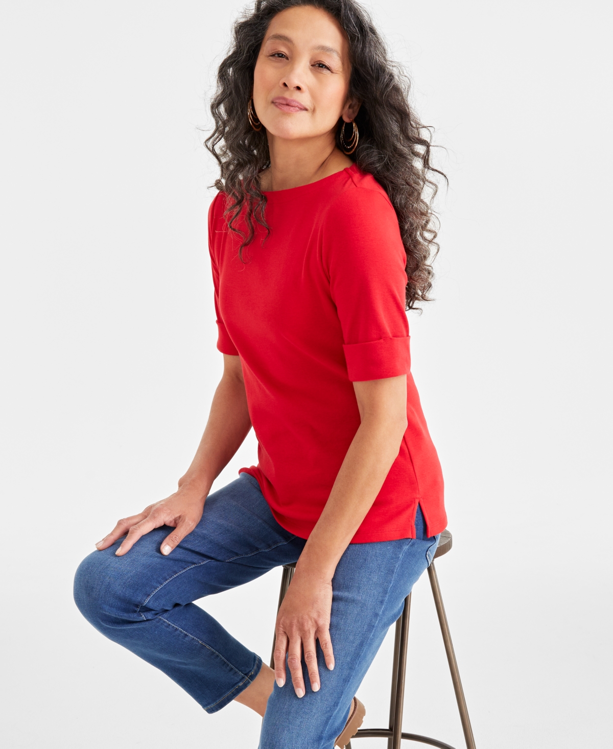 Women's Boat-Neck Elbow Sleeve Top, Exclusively at Macy's - Tango Red