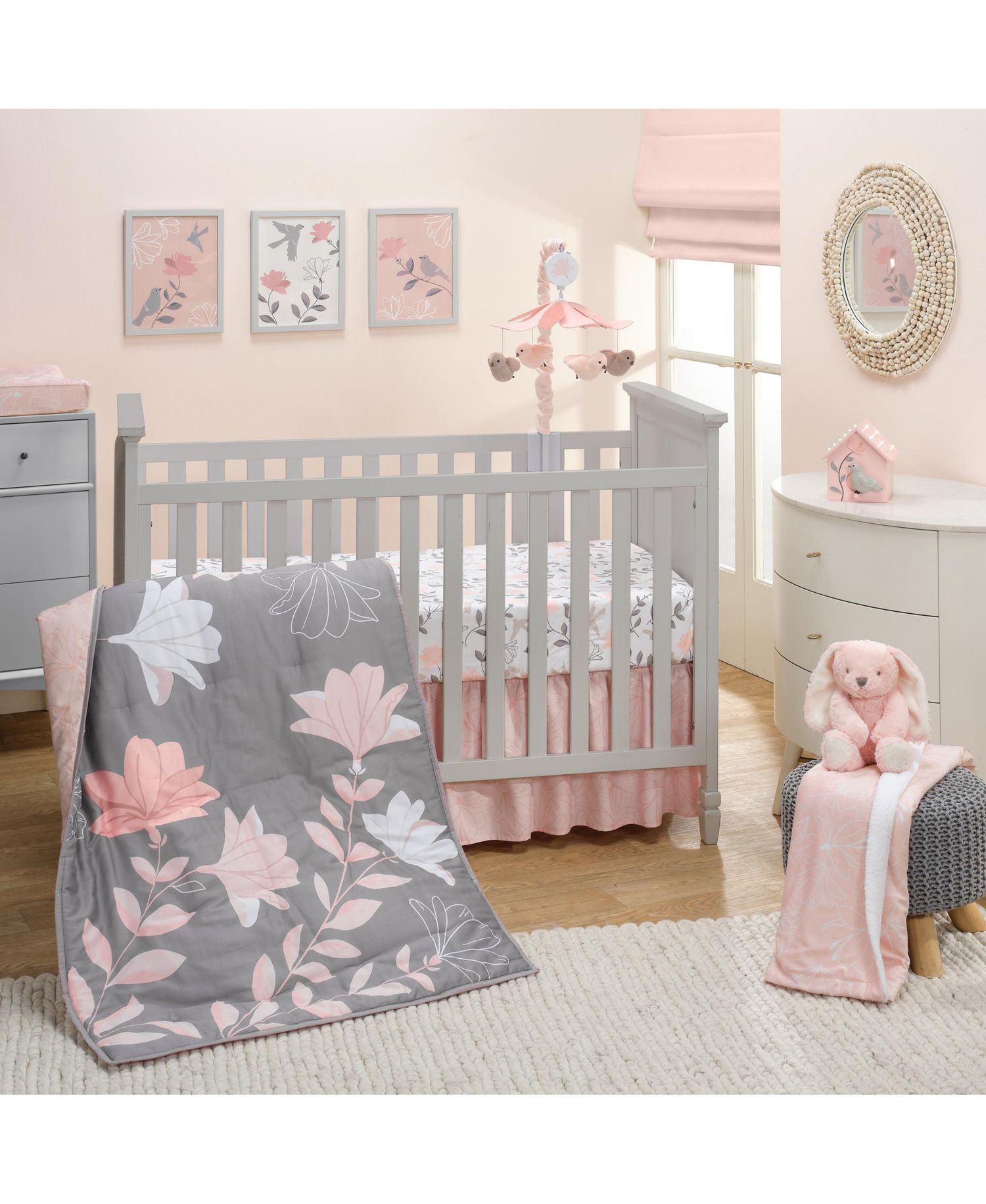 Lambs and Ivy Petals Soft Pink/White Floral Outline Baby Changing Pad Cover