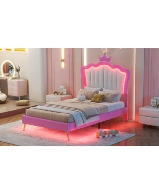 Upholstered Princess Bed with LED Crown Headboard