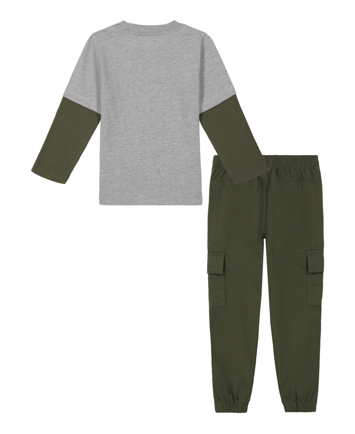 Kids Headquarters Toddler and Little Boys Twofer Sleeve Racing Tee Twill Cargo Joggers -Grape Leaf