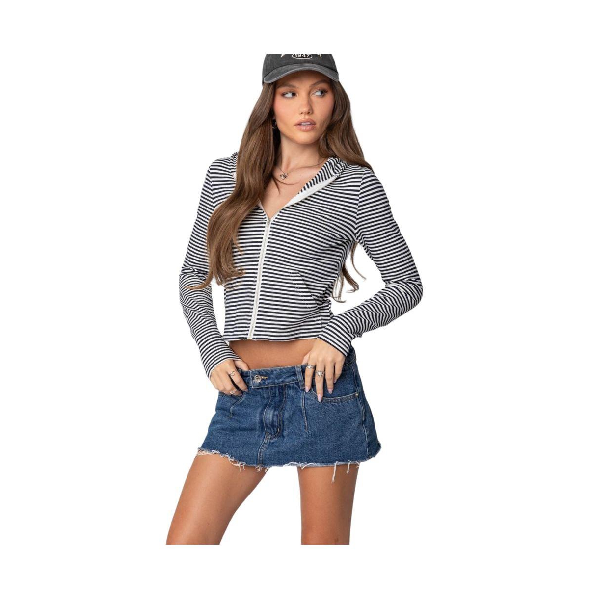 Edikted Women's Madison Striped Zip Up Hoodie - Navy-and-white