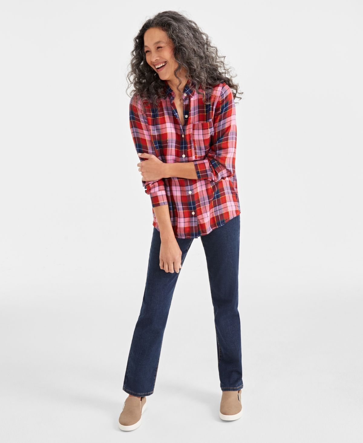 Style & Co Petite Plaid Button-Front Perfect Shirt, Created for Macy's