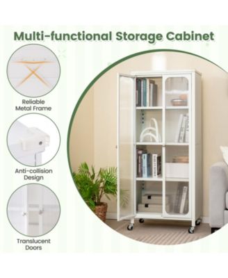 Glass Doors Storage Cabinet with Wheels and Adjustable Shelves