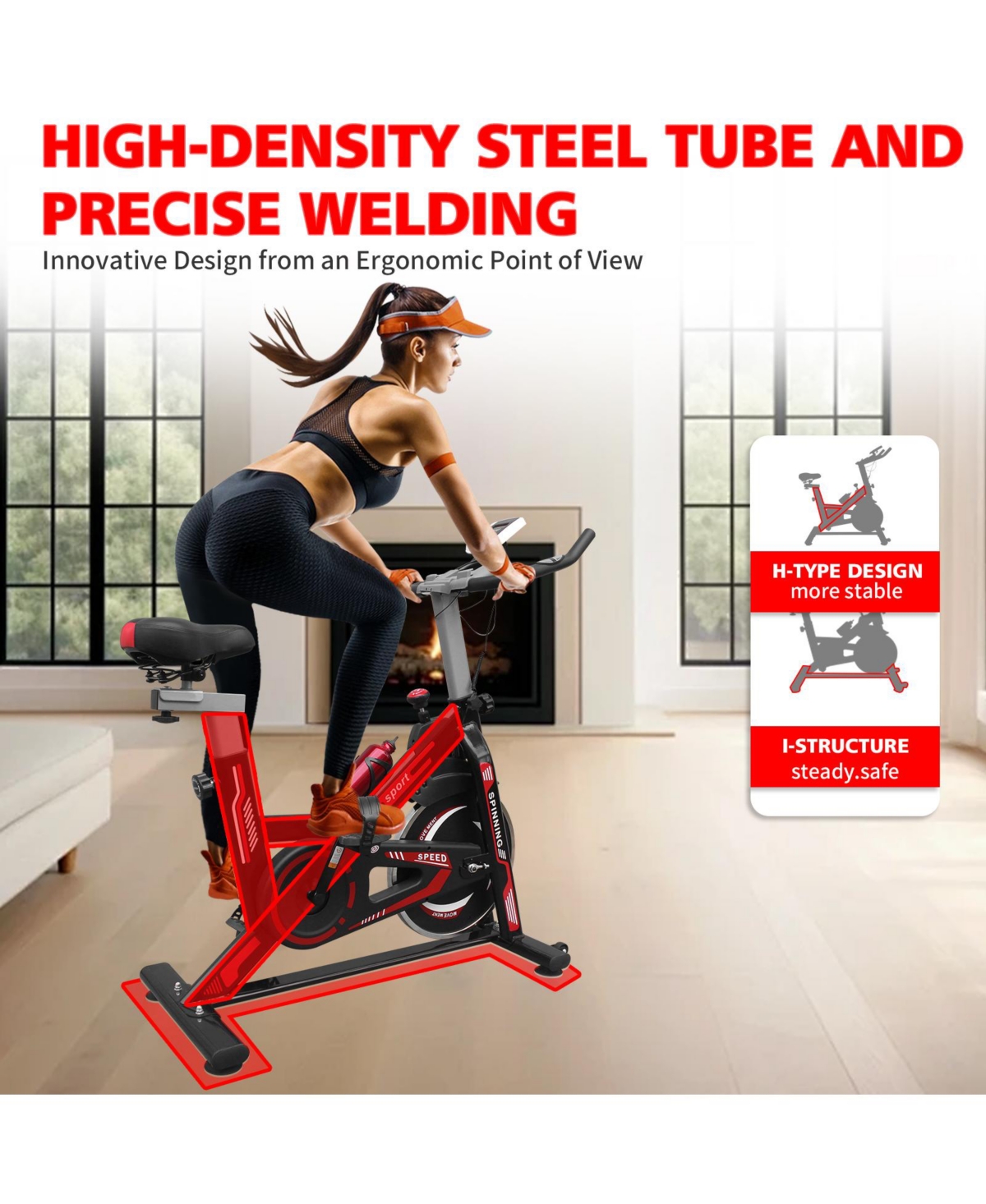 Streamdale Furniture Indoor Exercise Bike Cycling Bike with Comfortable Seat Cushion Black+Red