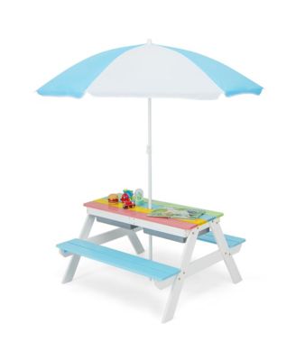 3-in-1 Kids Picnic Table Wooden Outdoor Sand & Water Table w/Umbrella Play Box es