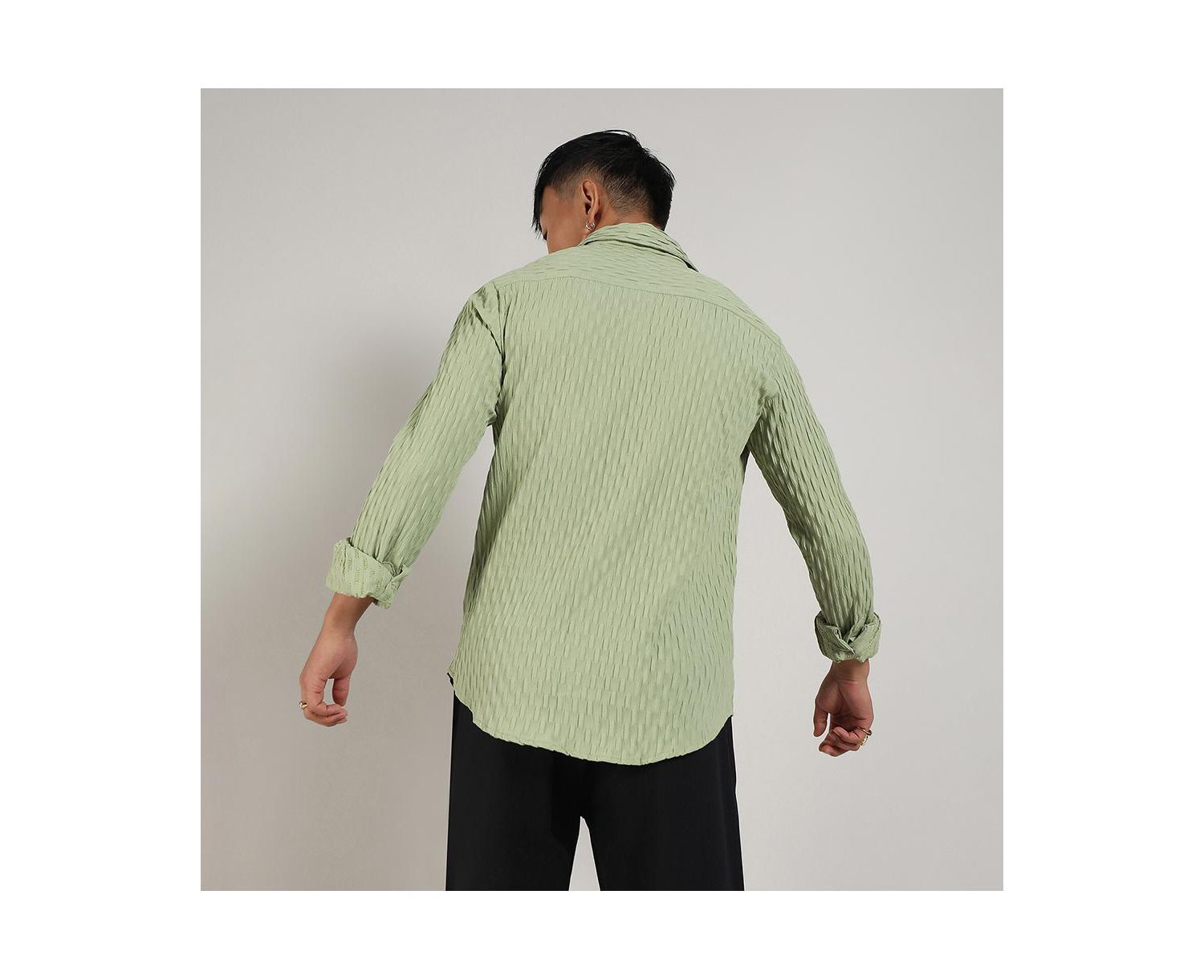 Men's Pistachio Green Crinkled-Weave Shirt