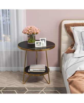 Faux Marble End Table, 2-Tier Round Side Table with Shelves, Modern Accent Table for Living Room or Bedroom