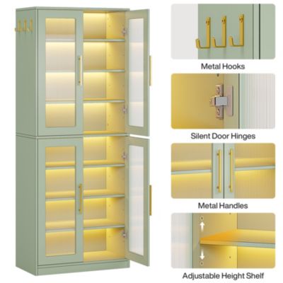 Tall Shoe Cabinet with Acrylic Doors and LED Lights, 8-Tier Entryway Shoe Storage Rack with Adjustable Shelves and Hanging Hooks