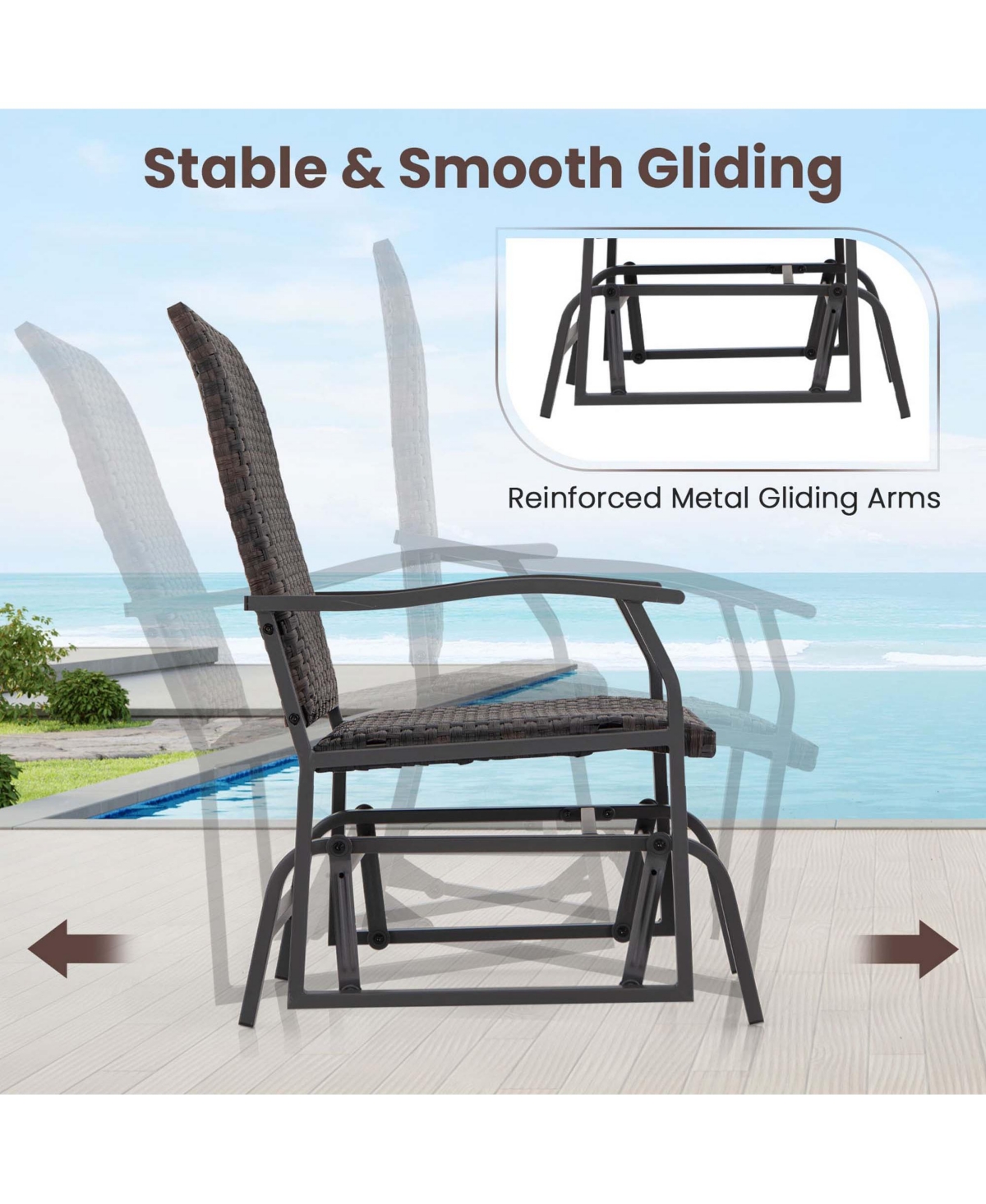 3 Pcs Patio Gliding Set with Tempered Glass Coffee Table Quick Dry Foam Wicker