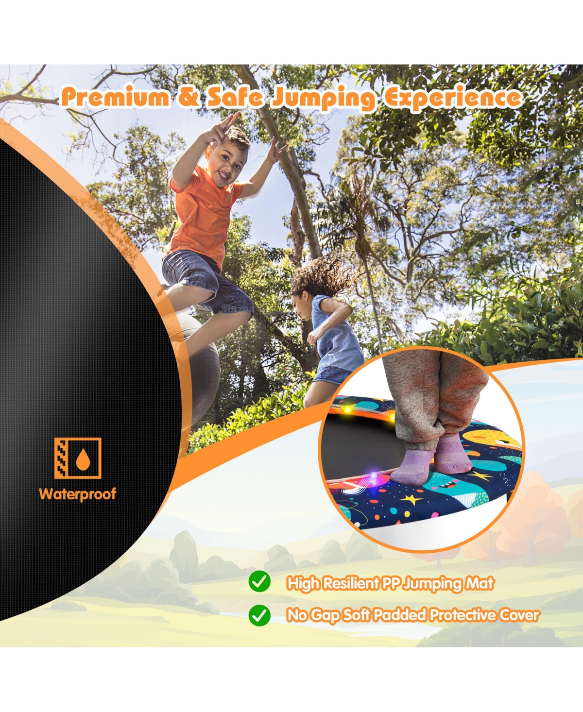 36'' Mini Toddler Trampoline W/Led Bluetooth Speaker Detachable Handle
