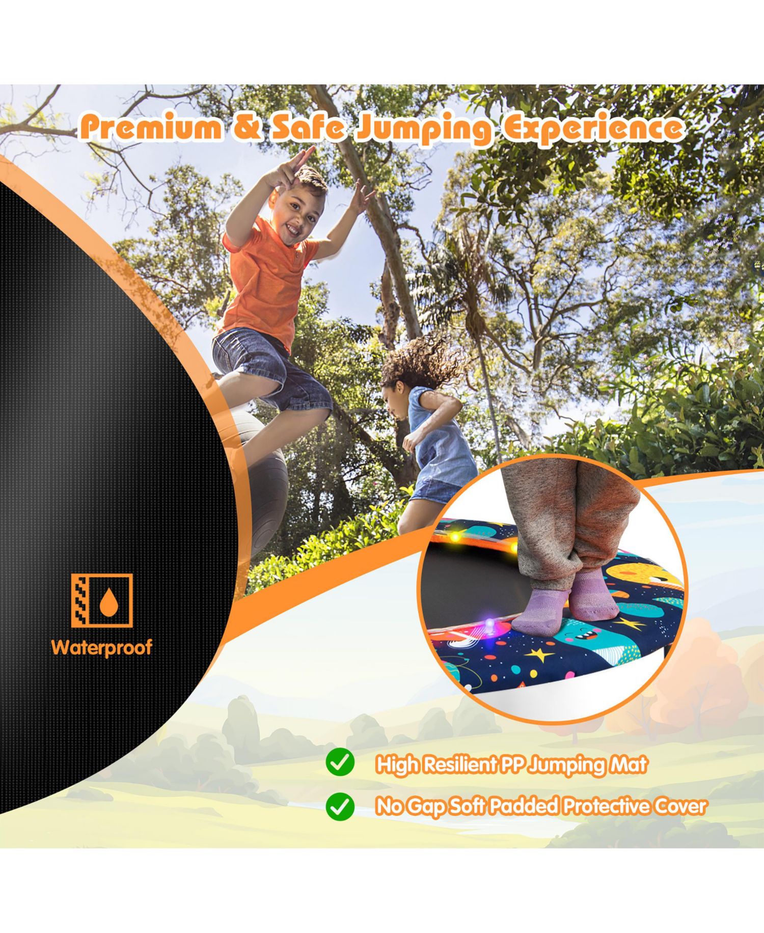 36'' Mini Toddler Trampoline W/LED Bluetooth Speaker Detachable Handle
