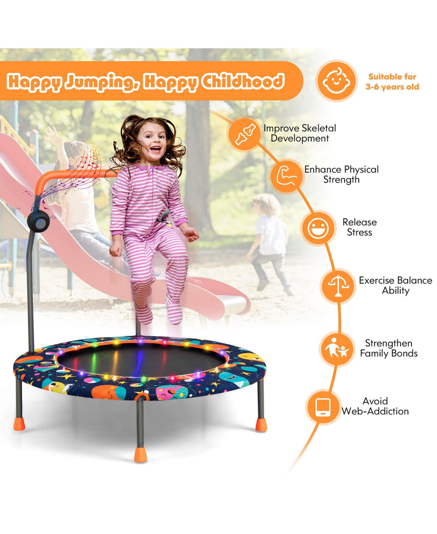36'' Mini Toddler Trampoline W/LED Bluetooth Speaker Detachable Handle