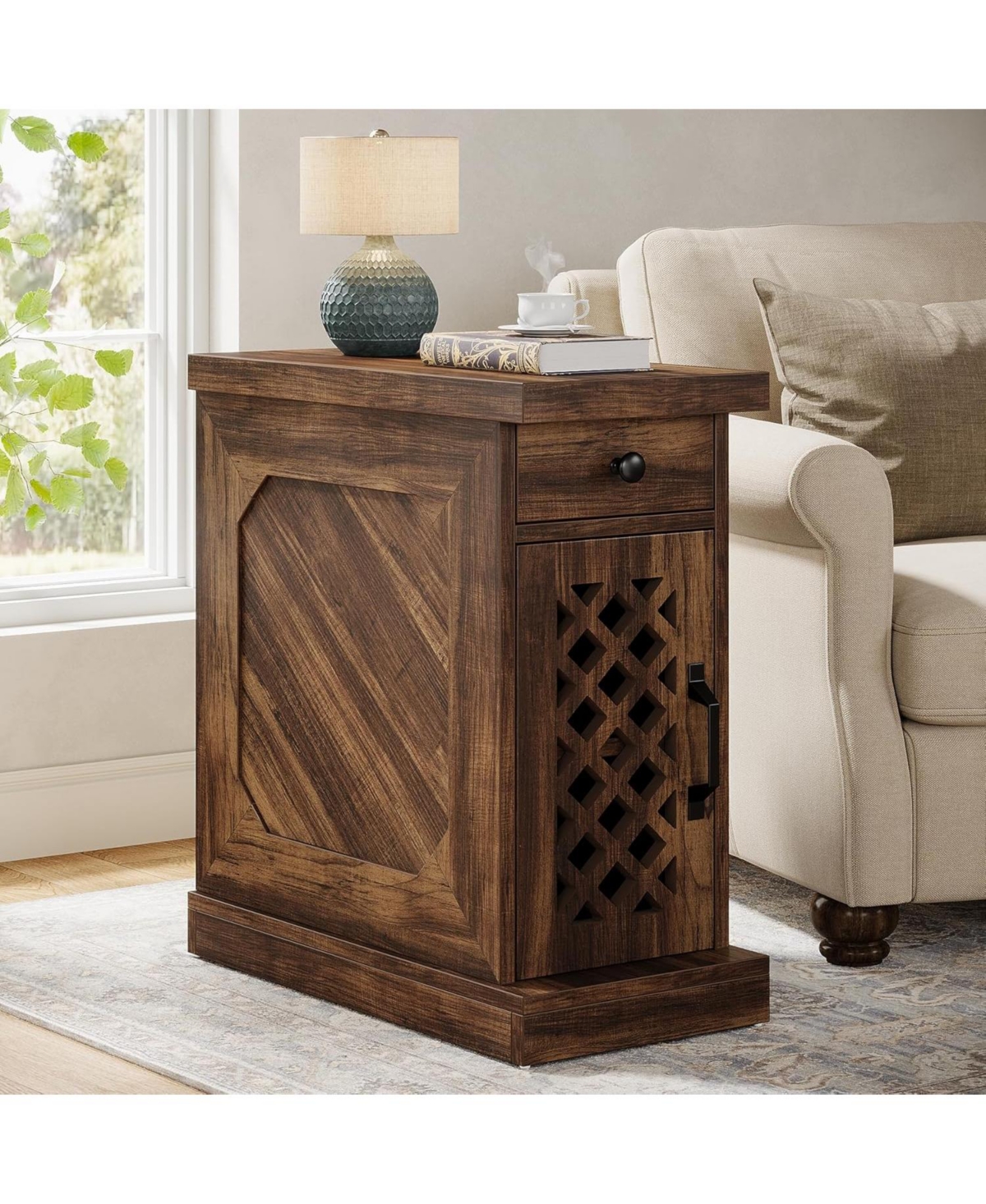 Tribesigns End Table, Narrow Side Table with Drawer and Cabinet, Farmhouse Nightstand End Table for Space, Living Room, Bedroom, Vintage