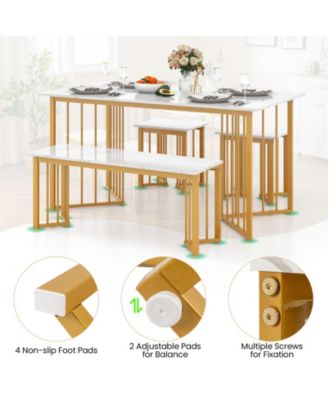 4 Piece Dining Table Set with Bench and 2 Stools-White