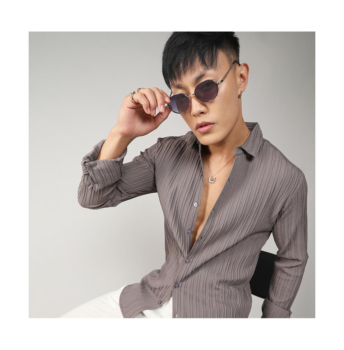 Campus Sutra Men's AshSelf-Design Striped Shirt - Grey