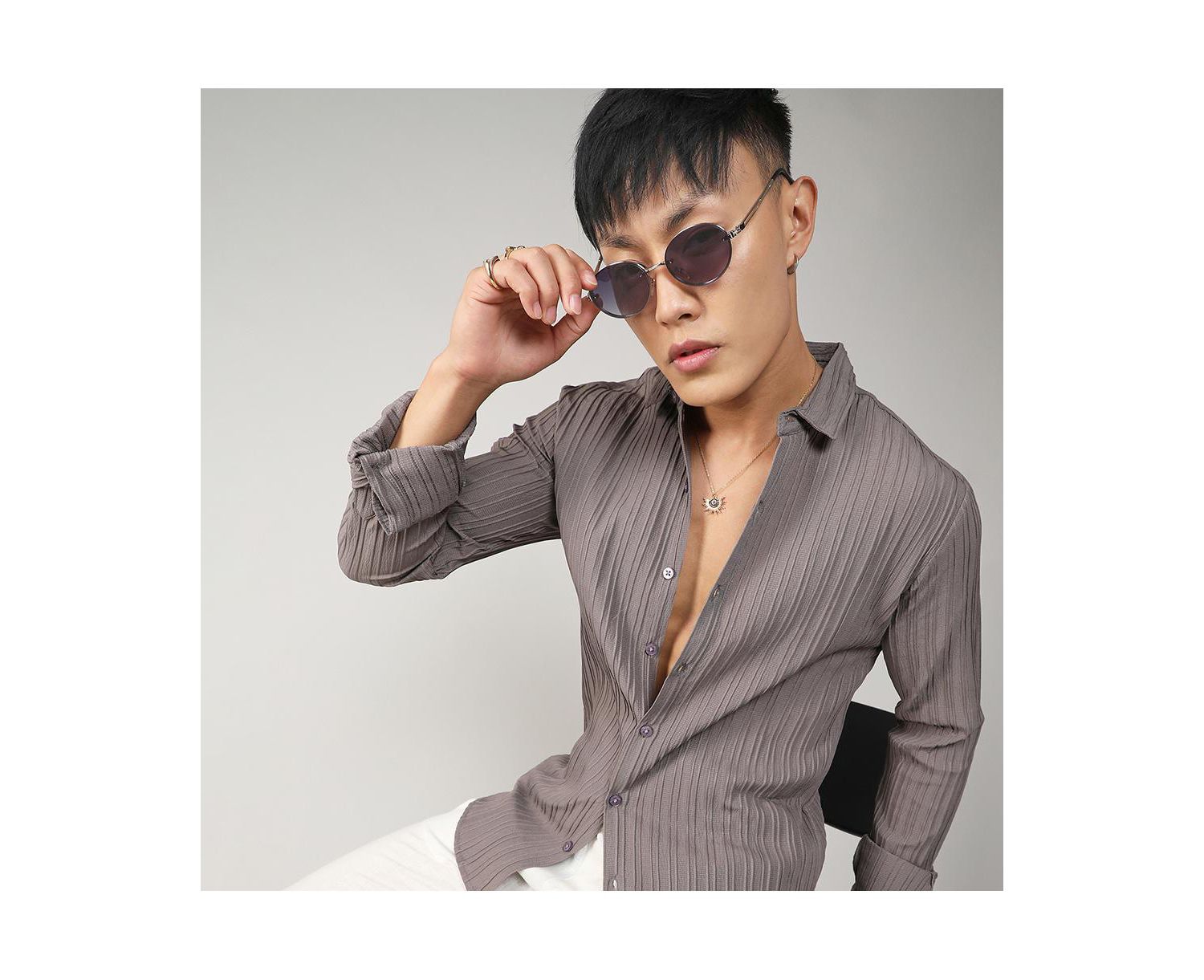 Men's Ash Grey Self-Design Striped Shirt
