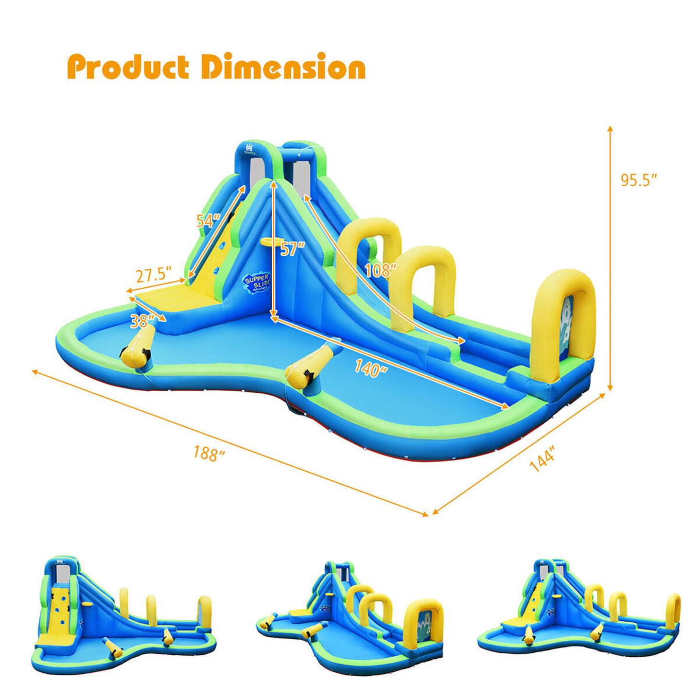 Детская игрушка Costway Inflatable Water Slide Bounce House, 188"L x 144"W x 95.5"H, Holds Up to 4 Kids, от 4 лет, цвет: Синий — фото 2