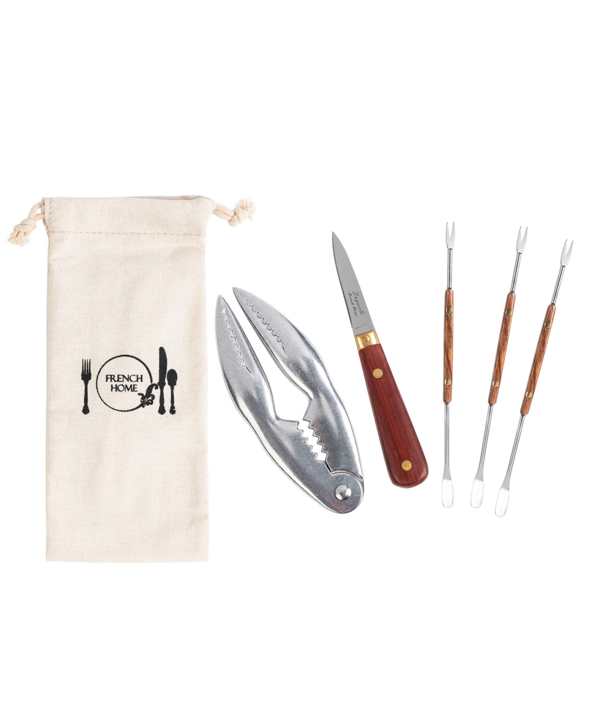 French Home Essential Seafood 6 Piece Utensil Set In Rosewood,brass,and Silver