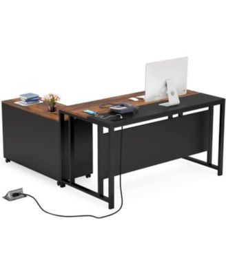 L-Shaped Computer Desk with Power Outlet and Drawer Cabinet, 55 inch Large Executive Office Desk with Lateral File Cabinet