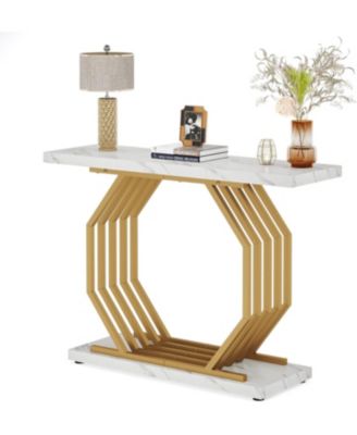 Gold Console Table, Faux Marble Entryway Narrow Sofa Table with Geometric Metal Base, 40 Inch Modern Accent Entrance Table