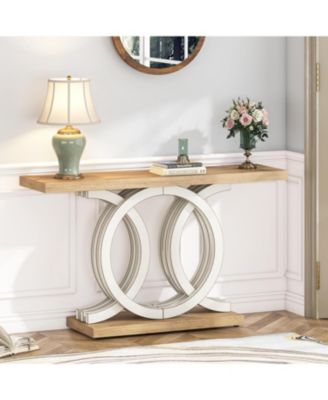 55 inches Console Table with Geometric Base, Farmhouse Hallway Table, Wooden Entryway Table, Vintage Sofa Table, Unique Long Accent Table