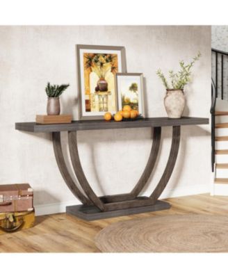 63-Inch Skinny Console Table with Geometric Base 2-Tier Farmhouse Sofa Table Narrow Long, Thickened Behind Couch Table with Shelves