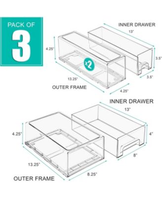 3 Piece (2 Small & 1 Medium) Clear Stackable Pull-Out Drawers - Organization and Storage Containers