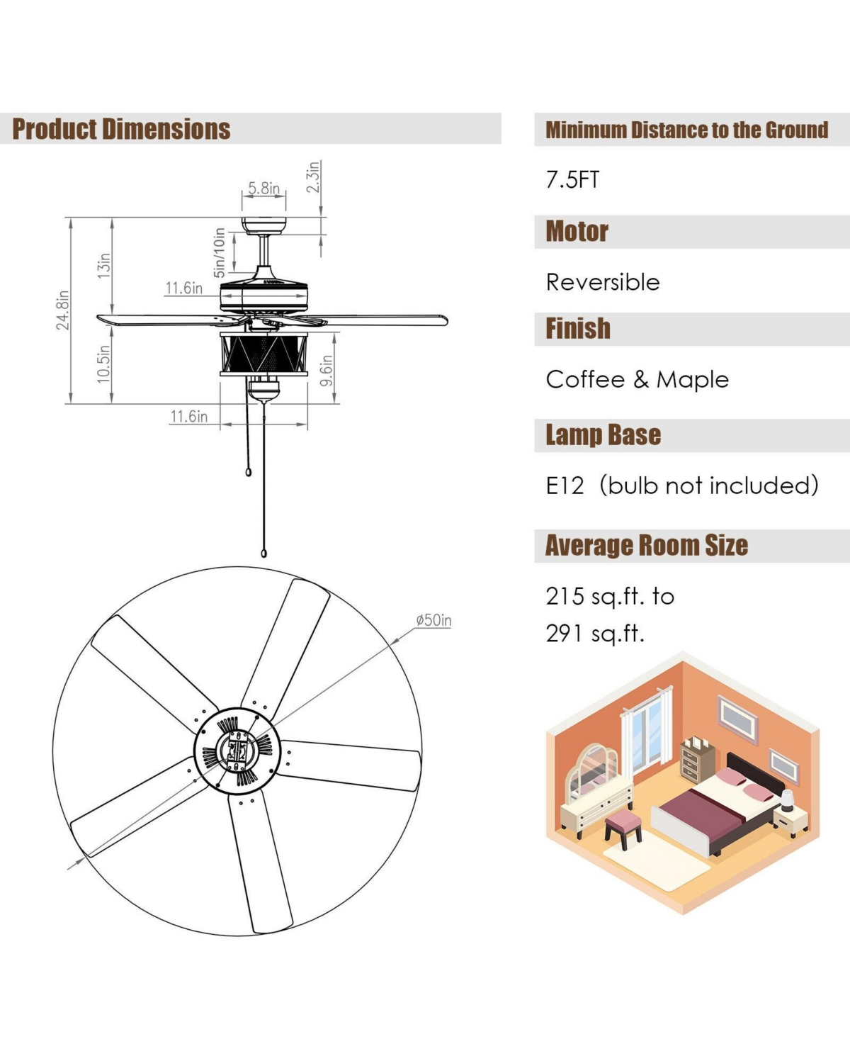 Sugift Inches Ceiling Fan with Lights Reversible Blades and Pull Chain Control