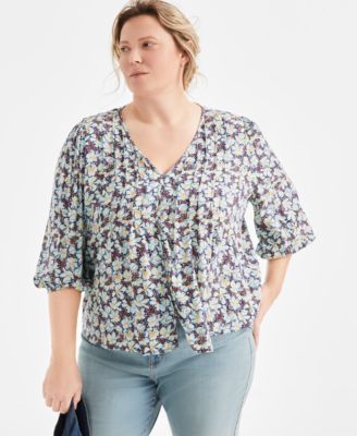 Style & Co - Plus Size Printed Pintuck-Front 3/4-Sleeve Blouse