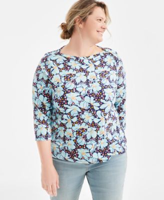 Style & Co - Plus Size Printed Cotton 3/4-Sleeve Top