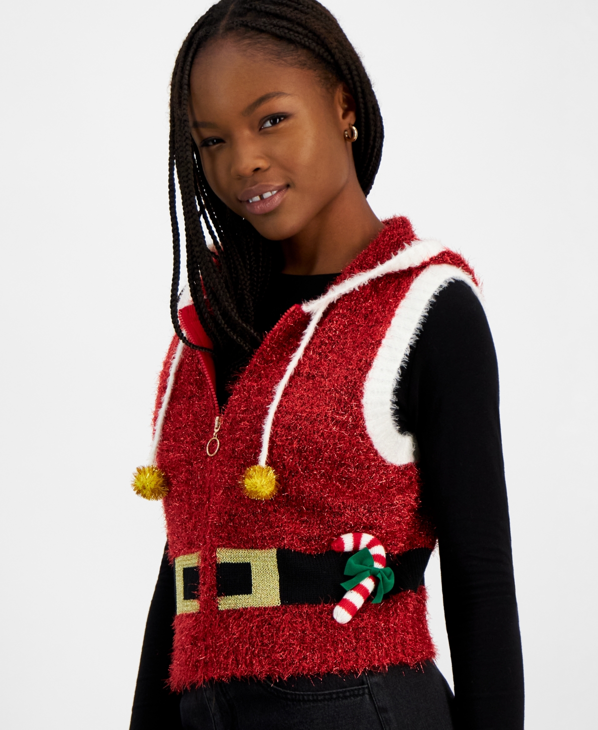 Hooked Up by Iot Juniors' Metallic-Knit Hooded Santa Vest