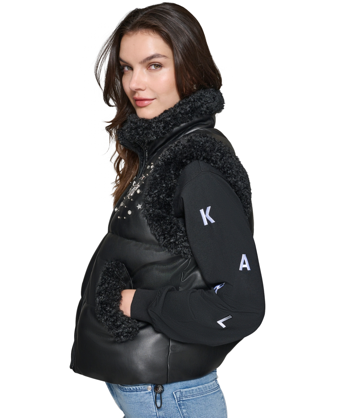 Karl Lagerfeld Paris Women's Faux-Leather Embellished Puffer Vest