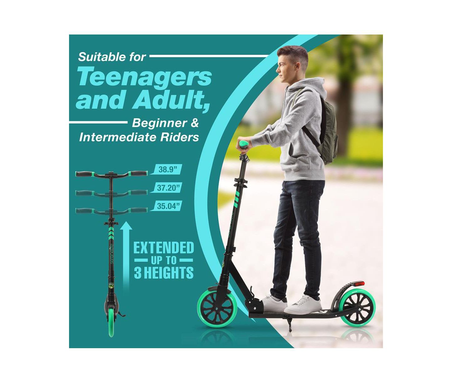 Детская игрушка SereneLife Folding 2-Wheel Adjustable Kick Scooter, Ages 8+, цвет: Аквамариновый — фото 2