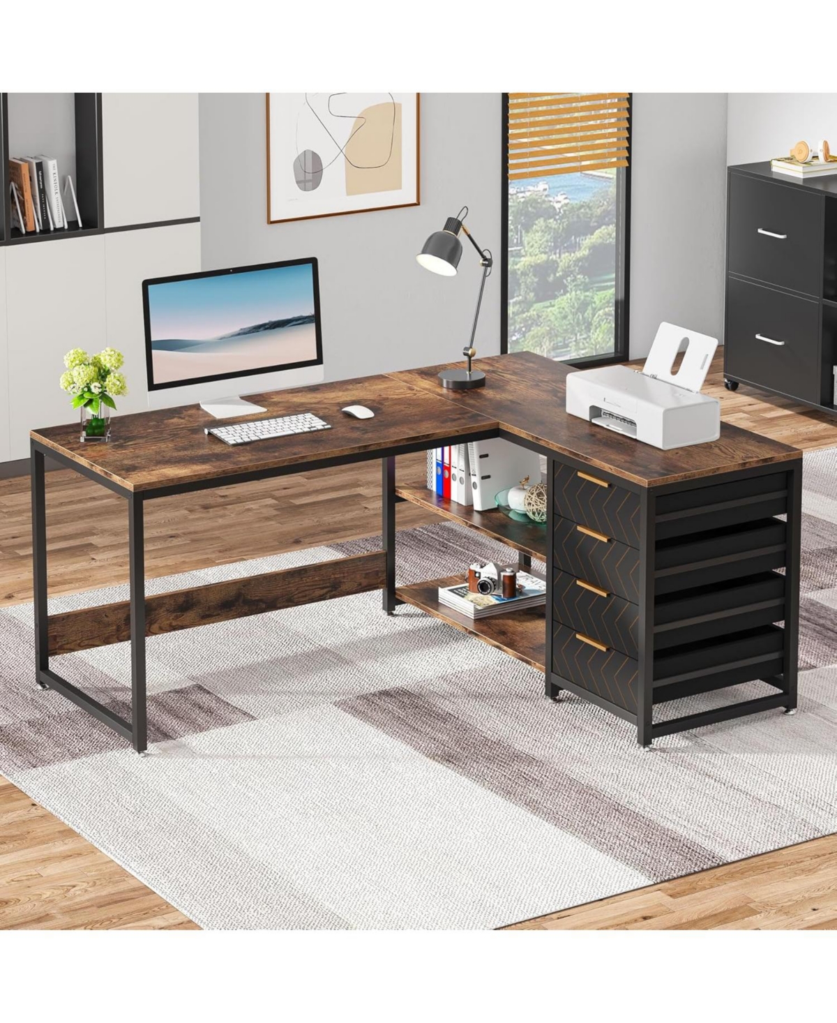 Tribesigns L Shaped Computer Desk with Storage Drawers, 59 inch Corner Desk with Shelves, Reversible L-Shaped Office Desk Study Writing Table Workstat