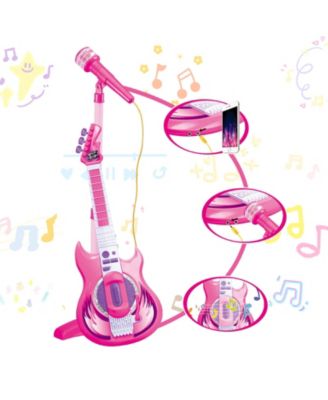 Pink Kids Guitar and Microphone Set - Adjustable Stand, Musical Toy
