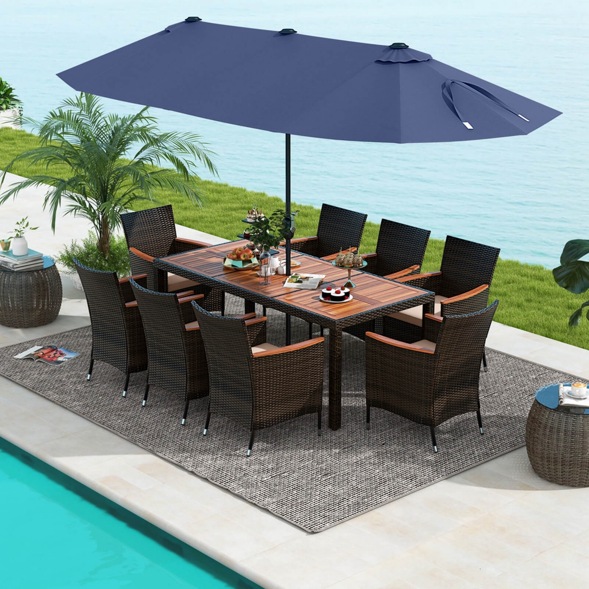 11 Pcs Patio Dining Set with 15ft Double-Sided Umbrella (Base Included)