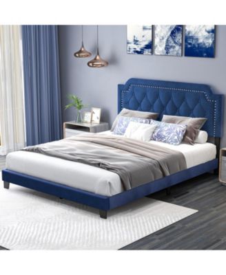 Queen Size Velvet Platform Bed with Button Tufted and Nailhead Trim Headboard