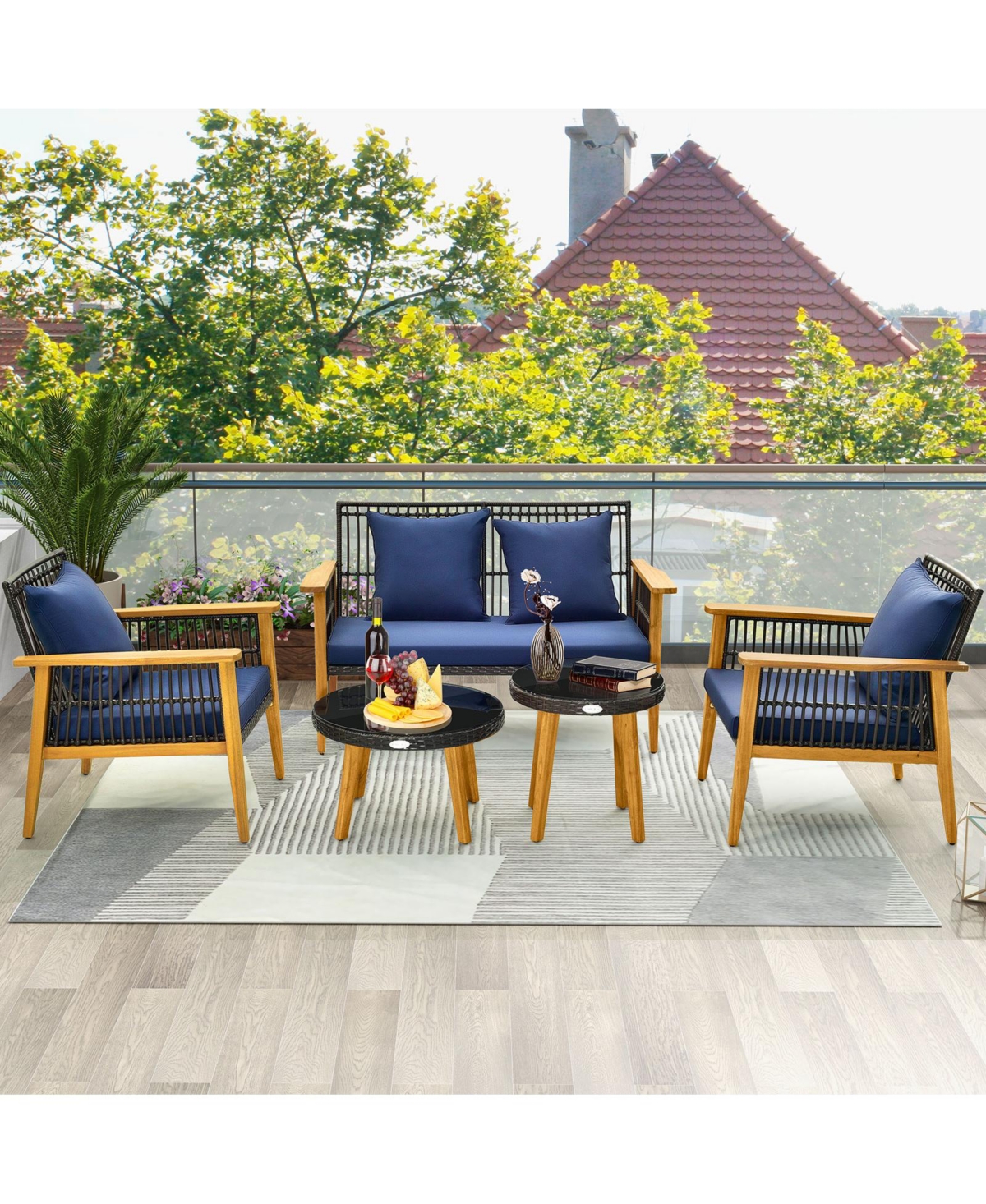 5 Piece Outdoor Conversation Set with 2 Coffee Tables for Backyard Poolside-Navy