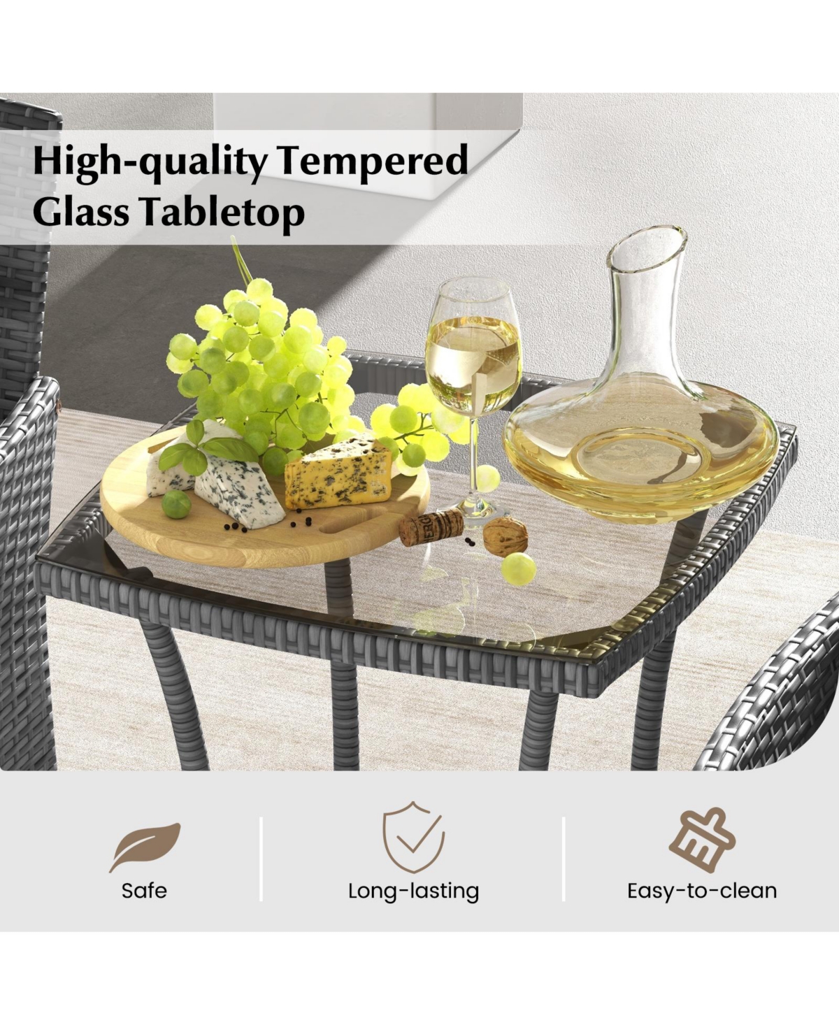 Vebreda 3 Pieces Patio Furniture Set with Cushioned Patio Chairs and Tempered Glass Coffee Table- White