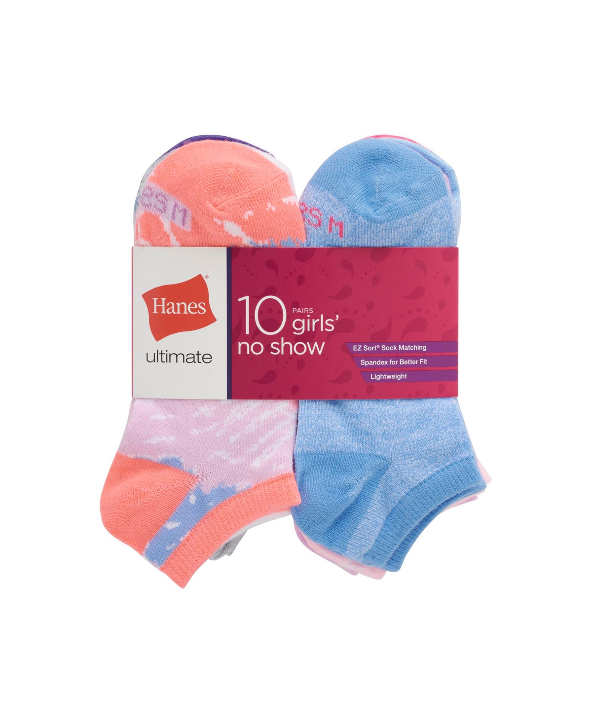Hanes Girls Ultimate 10-Pack Fashion No-Show Socks -Grey/Blue/Lavender
