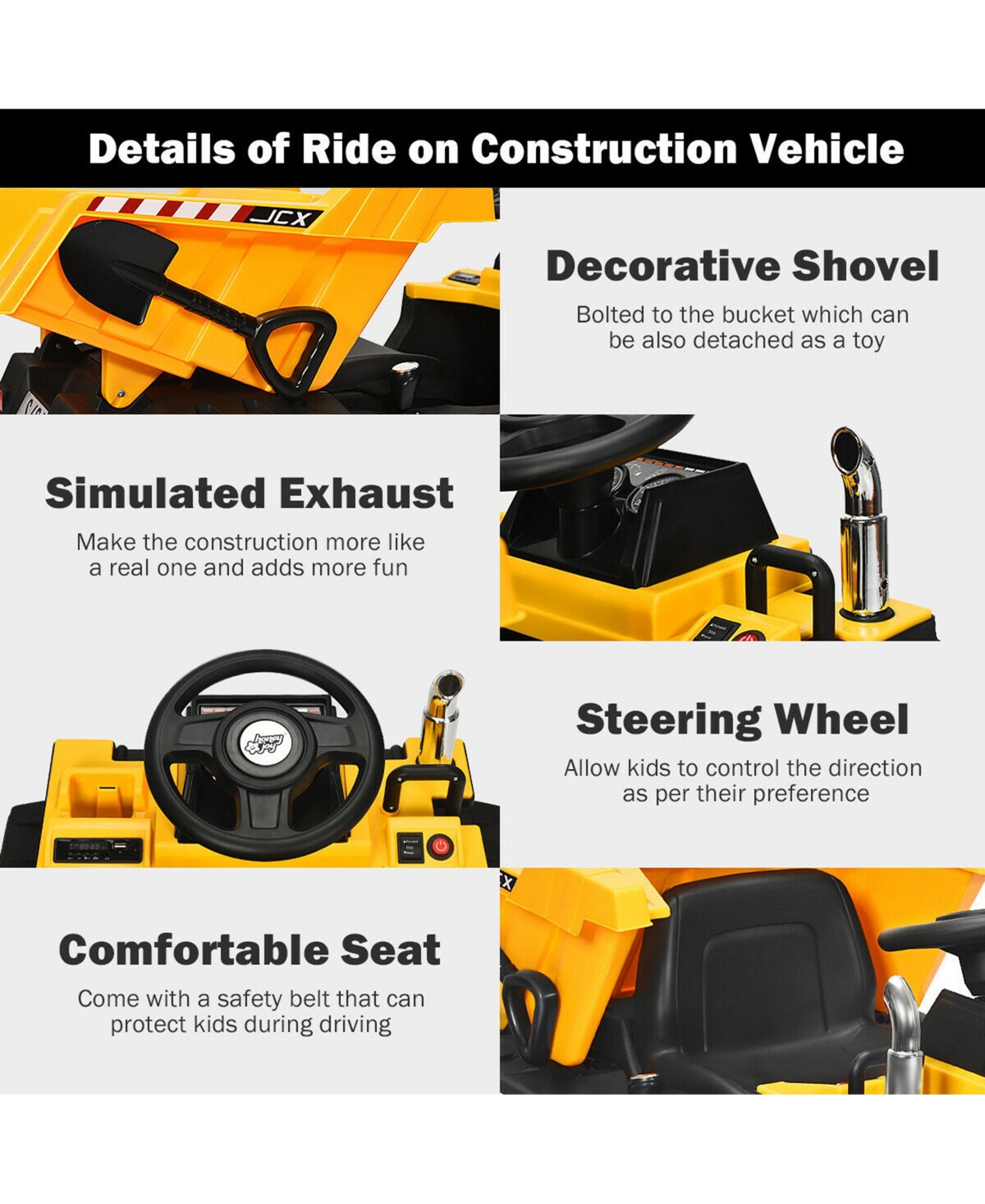 Gymax 12V Battery Kids Ride On Dump Truck Rc Construction Tractor w/ Electric Bucket - Yellow+black