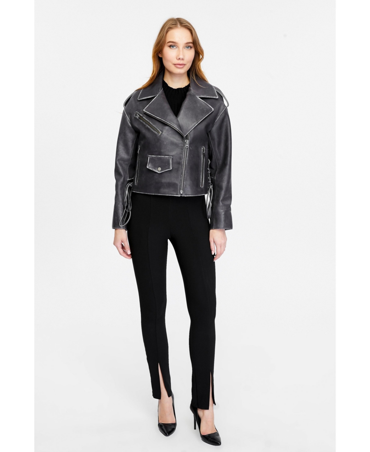 Furniq Uk Women's Genuine Leather Biker Jacket,- Black
