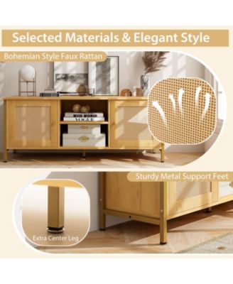 Boho TV Stand for TV up to 55 Inches with Faux Rattan Door-Natural