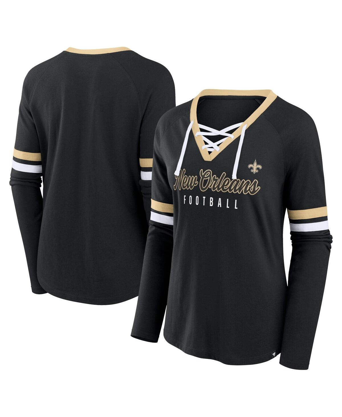 Fanatics Women's Black New Orleans Saints Won And Done Lace-up Long Sleeve Fashion Top In Black,gold