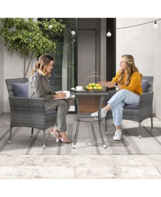 3 Pieces Patio Furniture Set with Cushioned Patio Chairs and Tempered Glass Coffee Table-Gray