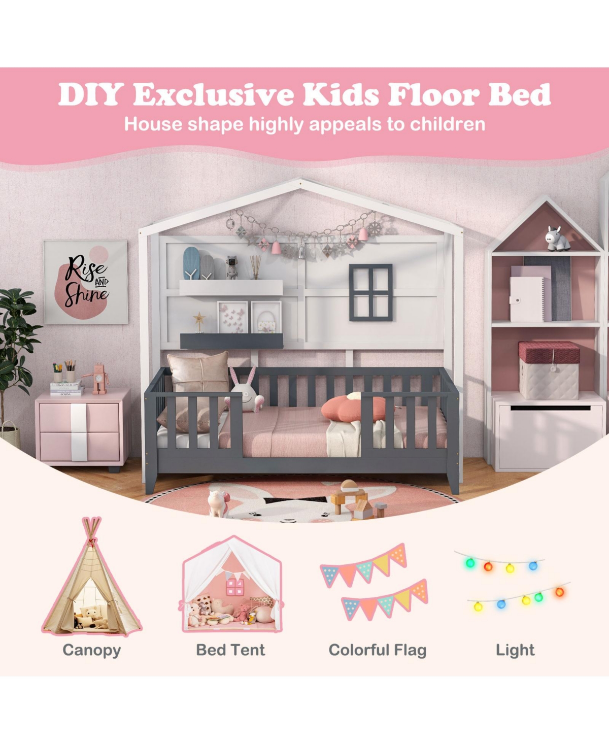 Sugift Twin Wood House Bed Montessori Floor Bed with 2 Shelves and Guardrails