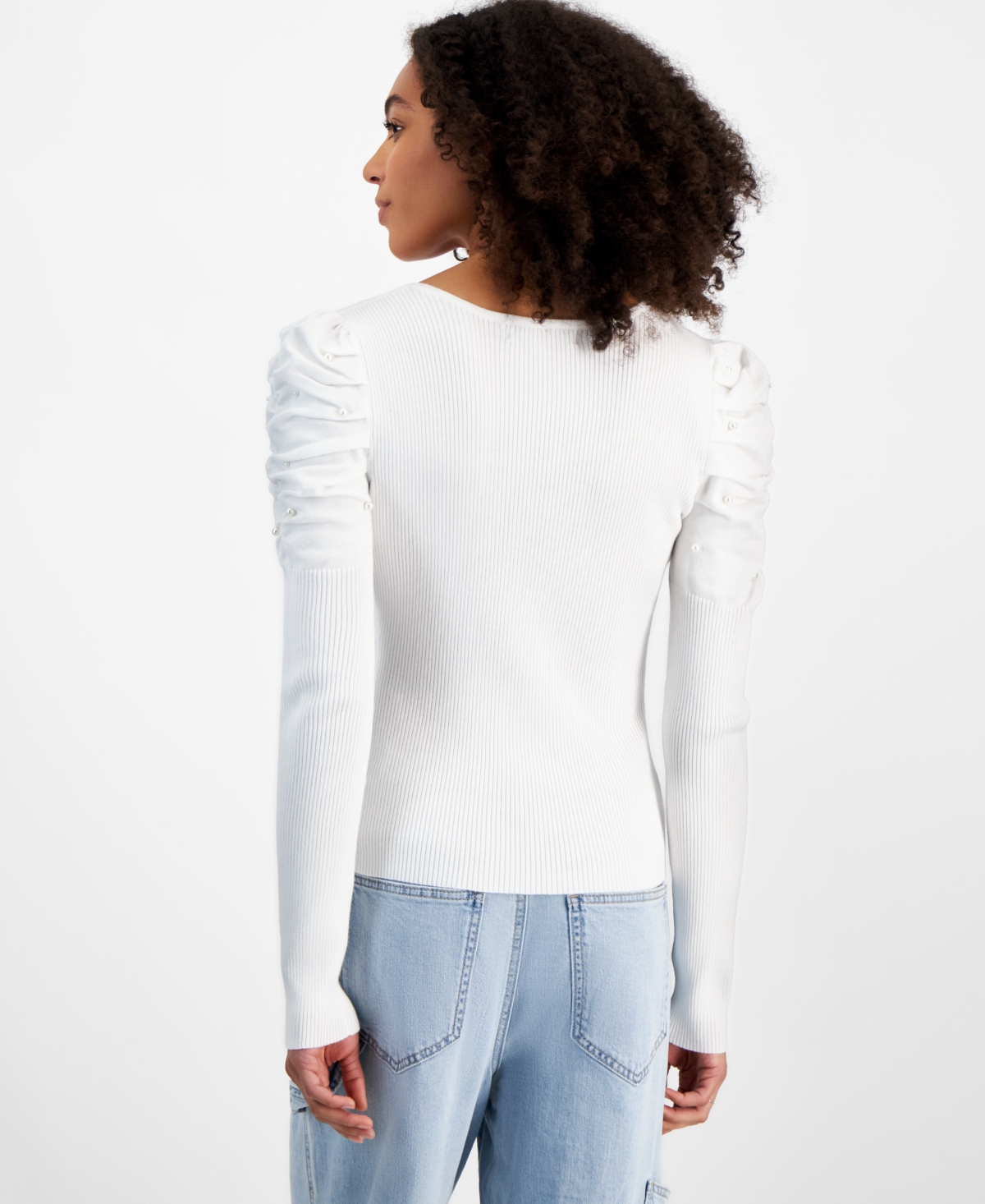 Madden Girl Juniors' Fine Gauge Faux-Pearl Long-Sleeve Sweater