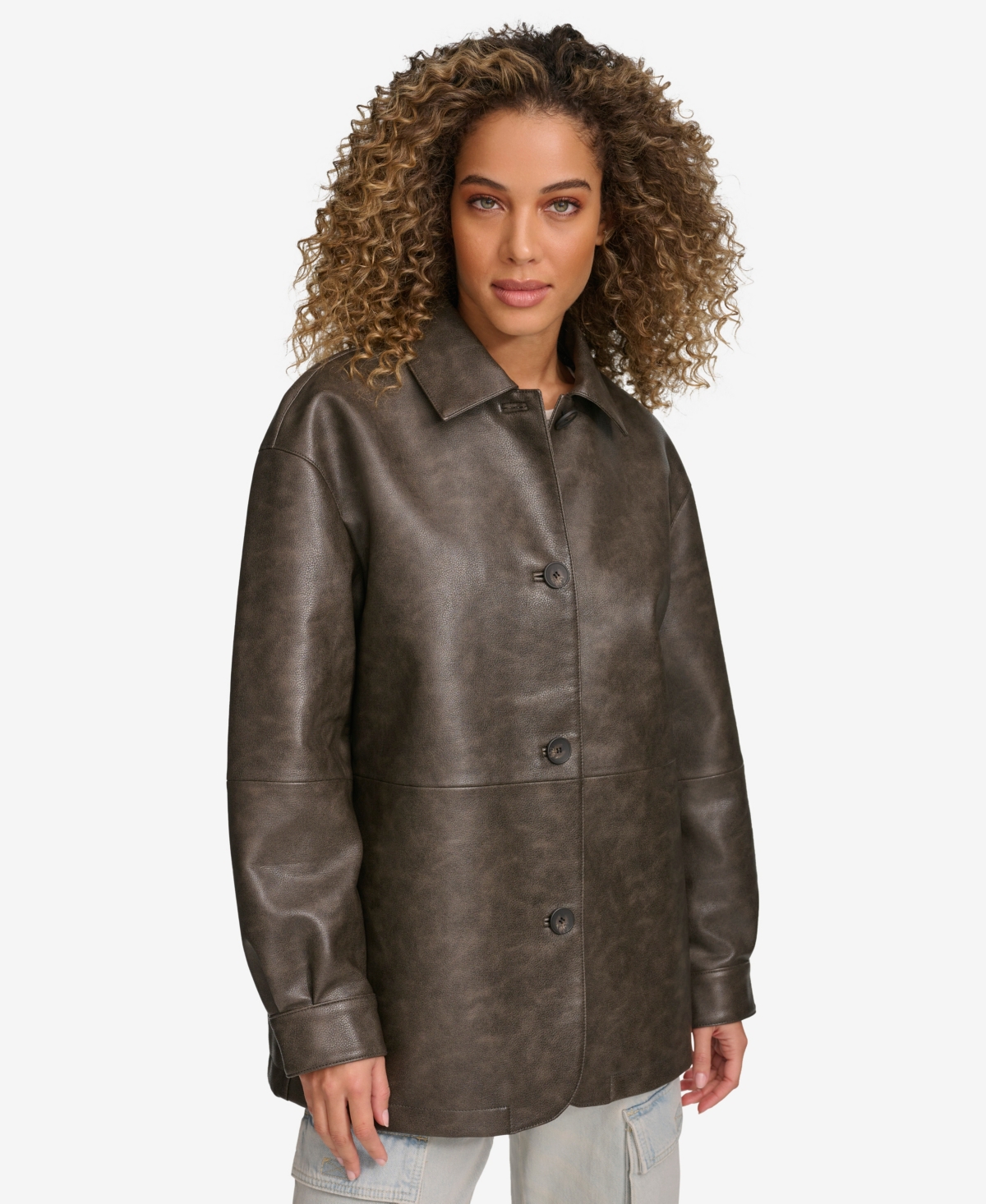 Women's Faux Leather Relaxed Vintage Look Blazer - Black
